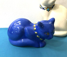 LONGWY Blue Enamel Cat Signed 25cm Earthenware Fine Gold Decor Sculpture Statue