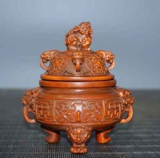 Chinese Natural Boxwood Hand-carved Exquisite Lion Incense Burner 1080