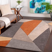 Tapis touffeté à la main gris - motif géométrique orange