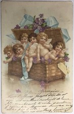 CPA - FANTAISIE - ANGES - BÉBÉS - MALLE EN OSIER - RUBANS - MYOSOTIS - #1350