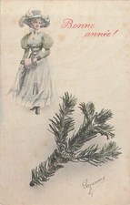 ILLUSTRATED CP GOOD YEAR WOMAN HAT FEATHERS SLEEVE TREE BRANCH - 23575