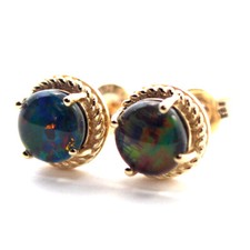 AUSTRALIAN BLACK OPAL TRIPLET LARGE SOLID 9K YELLOW GOLD STUDS EARRINGS － Red