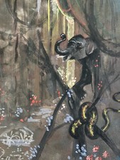 Très Belle Peinture Gouache 1930 Cirque Éléphant Serpent Chapiteau Art Ancien