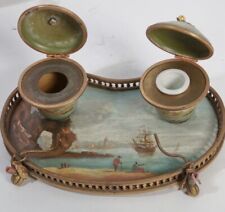 Bronze Encrier De Bureau Inkwell Mounted On Tray 19th Cen Napoleon III And Stand