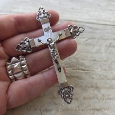 Large Cross Antique Mother of Pearl and Silver Brooch 19th Century Victorian French MOP