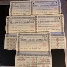 5 anciennes actions Publicité Artistique Et Commerciale 20 Francs 1