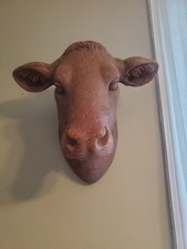 Cow Head Wall Sculpture Terracotta French Boucherie Style Vintage Decor, Farm