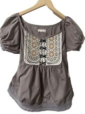 Odd Molly Anthropologie Embroidered Gray Boho Peasant Short Sleeve Top