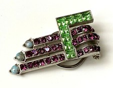 BROCHE / PINCE Foulard VINTAGE style Art déco strass Vert Rose Violet NEUF 4,8cm