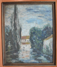 Peinture à l'huile sur bois XXème - Grande propriété Demeure face à un étang