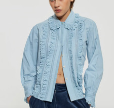 NO TAG ANTIK BATIK Diane ruffled broderie-trimmed cotton-poplin M 40 Blue