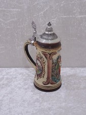 Beyer Design Céramique Faience Chope Couvercle Étain - Peint à la Main - Vintage