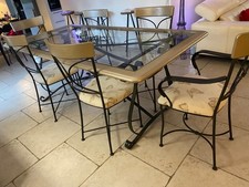 table a dîner,en fer forgé bois et verre,4 chaises, 2 fauteuils