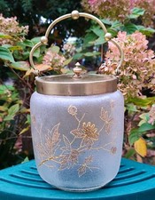 ANCIEN SEAU À BISCUITS VERRE GIVRÉ DÉCOR FLORAL DORÉ 