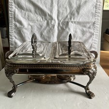 Vintage Silver Plate Double Chafing Dish Food Warmer 2 Burner