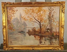 Antique oil on panel signed: lake landscape French school 19th - 20th century