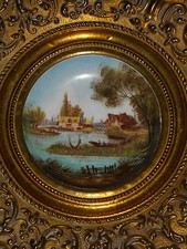 VERY BEAUTIFUL ANTIQUE HAND PAINTED PLATE /DIAM16.5-41.5 cm. / COPPER SURROUND/N2