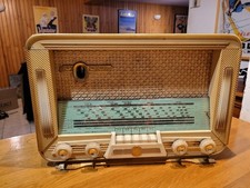 Ancien poste Radio Reela Ouragan à lampe en bois vintage 1955 avec œil magique