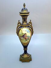 Antique Sevres Style handpainted French Bronze Cobalt porcelain vase enamel