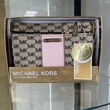 Michael Kors Metallic Silver MK Signature Center Stripe Waist Belt Bag S/M $88
