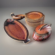 Vintage Sarreguemines Fish Set 12 Plates + 3 Piece Shape
