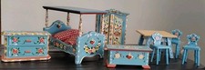 Vtg  Dora Kuhn German Dollhouse Blue Bedroom Furniture Hand Painted 8 Piece Set