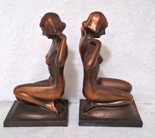 Vtg Art Nouveau Deco Nude Kneeling Lady Bronze Figural Sculpture Bookends Signed