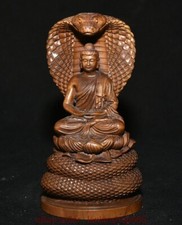 5.8 "Chine antique sculpture buis serpent mère Bodhisattva statue