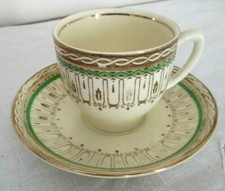 antique coffee cups + English porcelain saucers stamped gold green