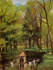 F. PERROTTE painting oil canvas landscape park forest basin pond lake swans 19th century