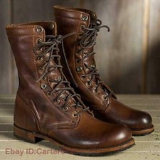 Men Punk Motorcycle PU Leather Mid Calf Boots Military Lace up Combat Shoes Size