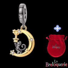 Charm chat jouant sur lune -Pour bracelet PANDORA - Argent S 925. + pochette