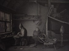 Très grande lithographie de la Chambre d'un CORDONNIER Atelier Cordonnerie