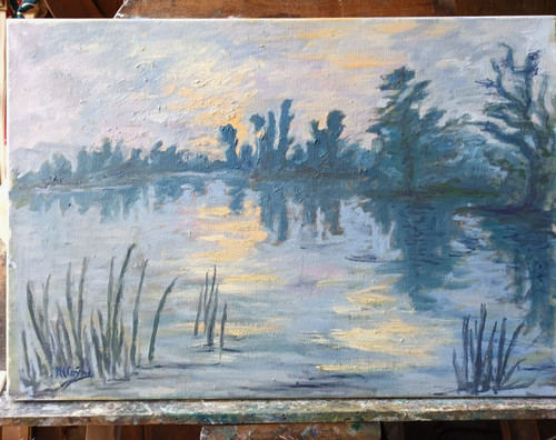 Huile ancienne paysage lever - ancienne,