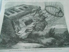Engraving 1863 - Voyagers du Ballon Le Géant moment descent in Hanover