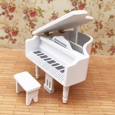 (Blanc) Mini Piano à Queue En Bois Avec Tabouret Pour Maison De Poupée 1:12 ~