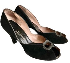 Vintage 1940s 1950s PEEP TOE SHOES High Heels Size 9 or 10 Black Suede Leather