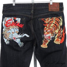 LNWOT Evisu Y2K 2000s Raw Indigo Embroidered Back Dragon Denim Jeans 38 x 34 NR