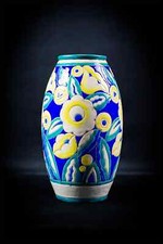 Art Deco ceramic vase C. Catteau, enamelled earthenware, stylized floral decor, D.1558