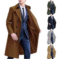 Manteau trench long homme double boutonnage revers manches longues coupe-vent