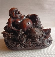 Laughing Buddha Resin Imitation Carved Wood - 19cm - Asian Feng Shui Statue.