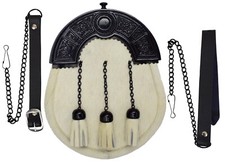 Kilt Sporran En Cuir De Veau Blanc Avec Cantle Celtique Noir / Sporrans Ecossais