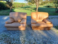 Pair of Vintage Light Brown Skai Armchairs