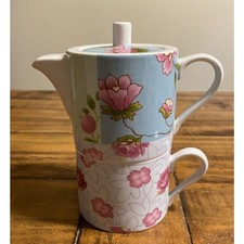 Allie + Cesca Spring Garden Patchwork Tea for One Set Floral Stacked Teapot Cup
