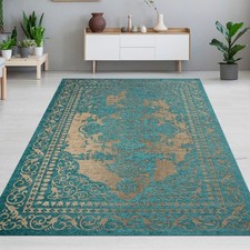 Tapis de salon oriental avec bordure au design classique en turquoise et or