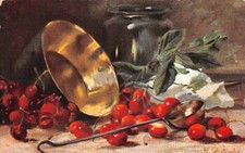 Old postcard fantasy - painting - jam basin, ladle and cherries