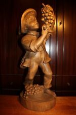 ANTIQUE 23" HAND CARVED WOOD BOY MAN WINE GRAPES STATUE FIGURE SCULPTURE CARVING
