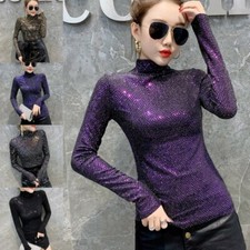 Femme T-Shirt Haut Maillot de Corps Cou Long Manche Sequin Brillant Slim Danse