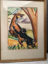 1944  Unique Black Panther & Deer Painting  