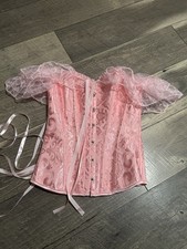 Pink Satin Overbust Corset Bustier Womens X-Small Boned Lace Up Back Hook Front